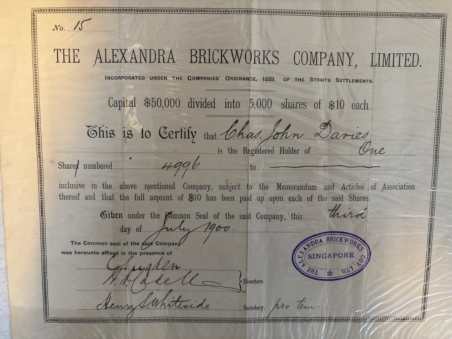 Share Certificate: Alexandra Brickworks Company, Limited - 1900