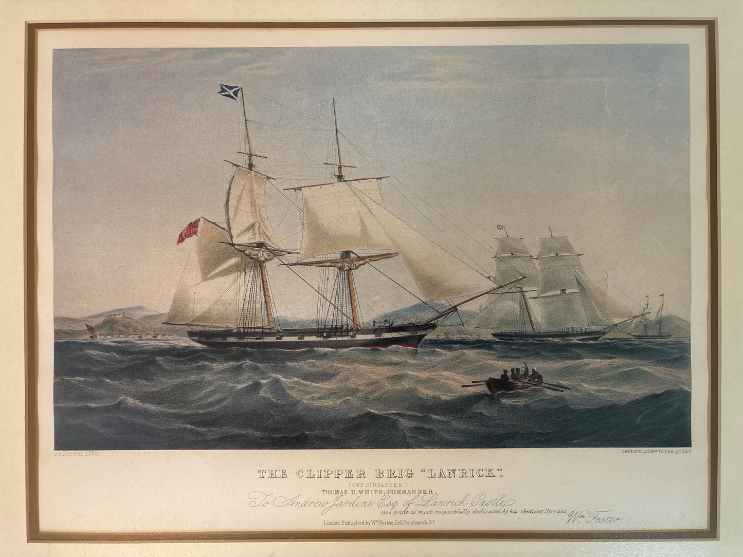 Vintage illustration of a clipper ship on the water with mountains in the background.