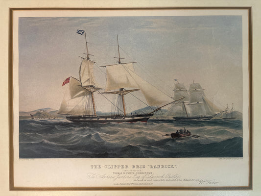 Vintage illustration of a clipper ship on the water with mountains in the background.