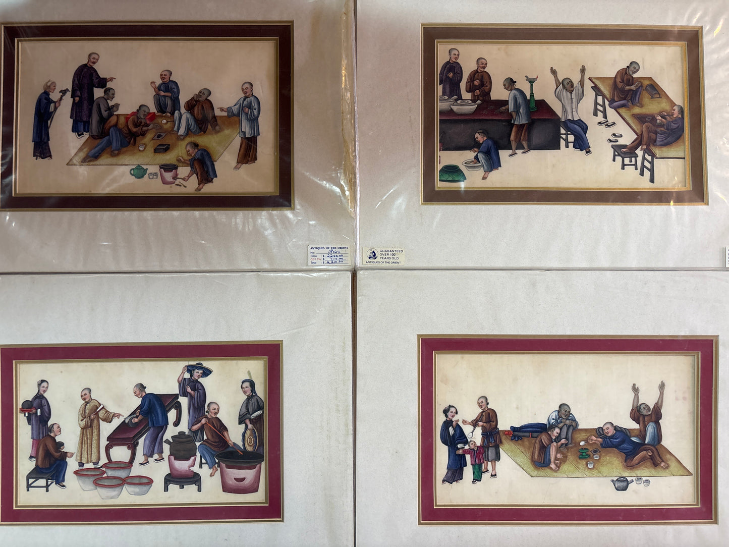 Set of Four Pith Paper Paintings (Opium) - Canton 1840-1860